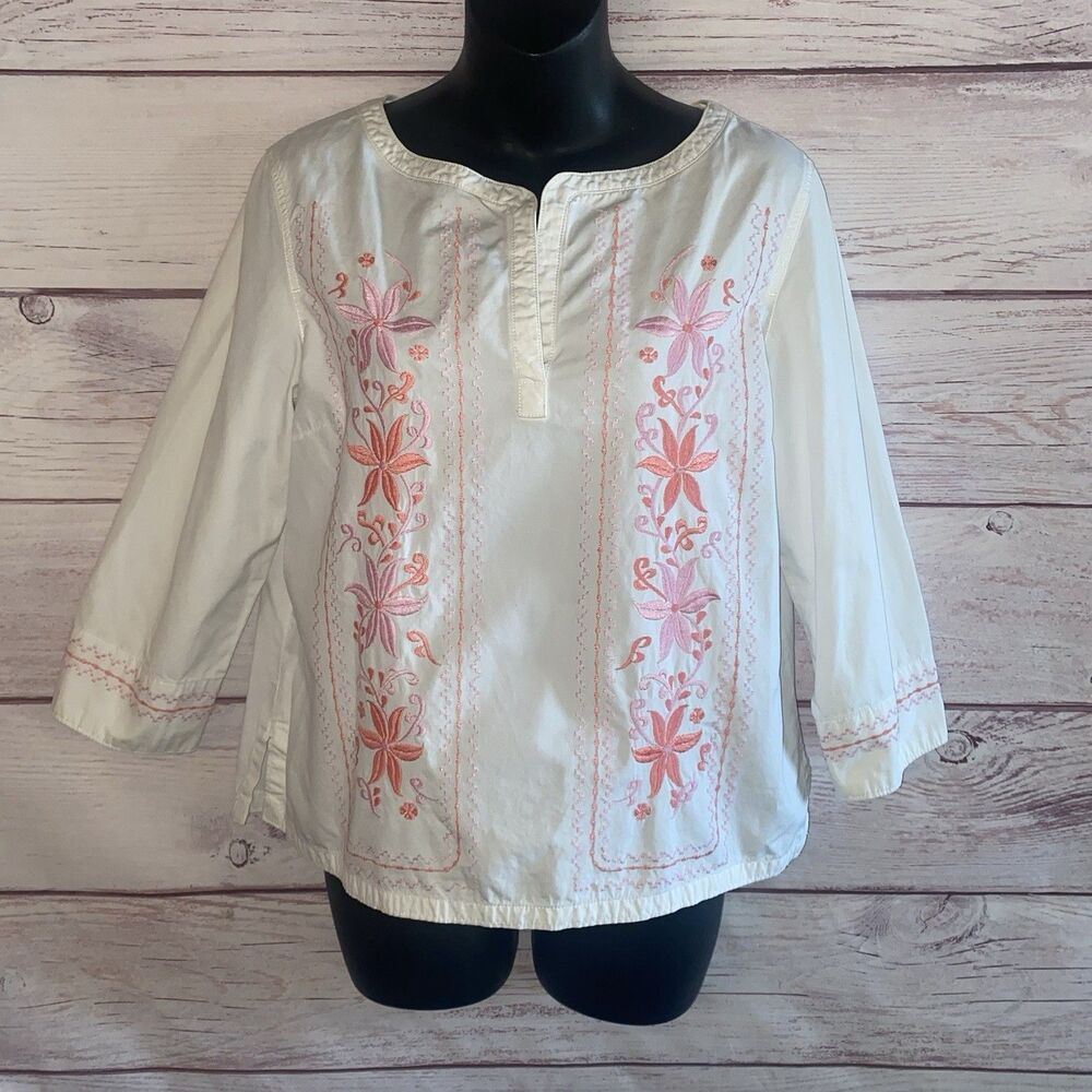 GAP Womens M White Pink Floral Embroidered Peasant Blouse 100% Cotton Vtg A5